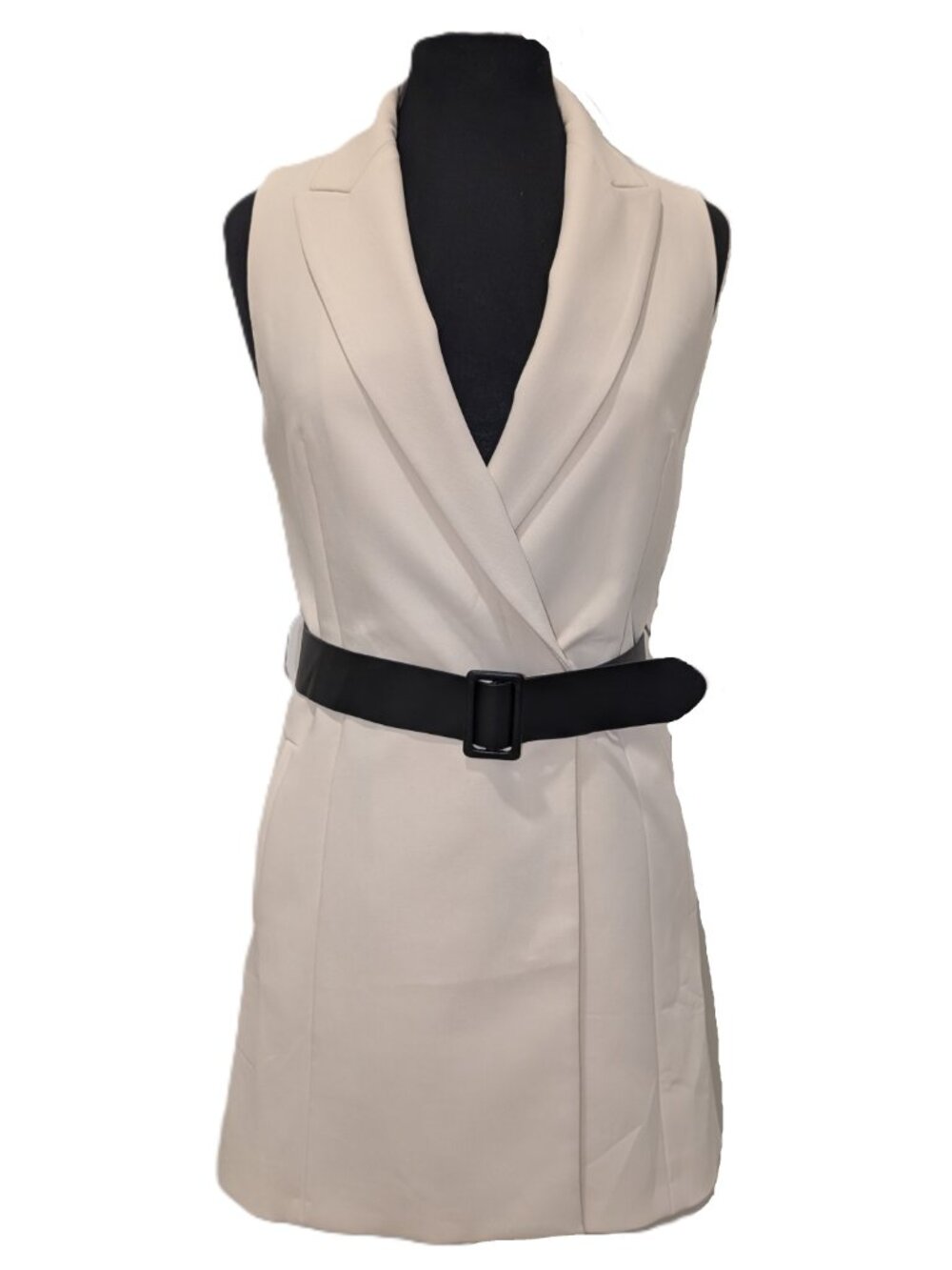 Zara Cream Sleeveless Blazer with Black Belt